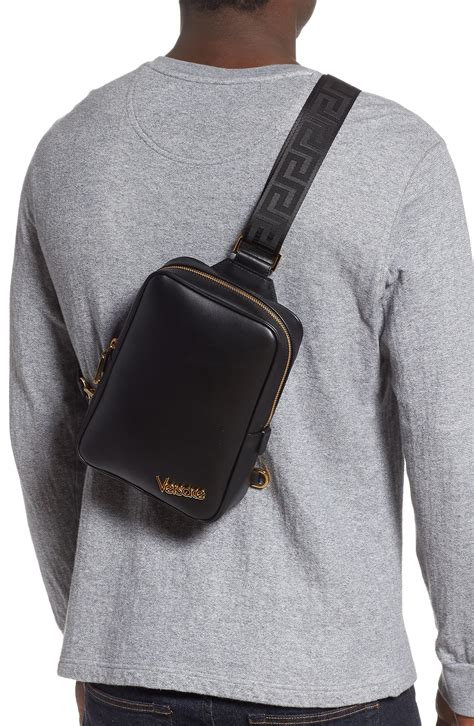 versace black leather messenger bag|versace side bag men's.